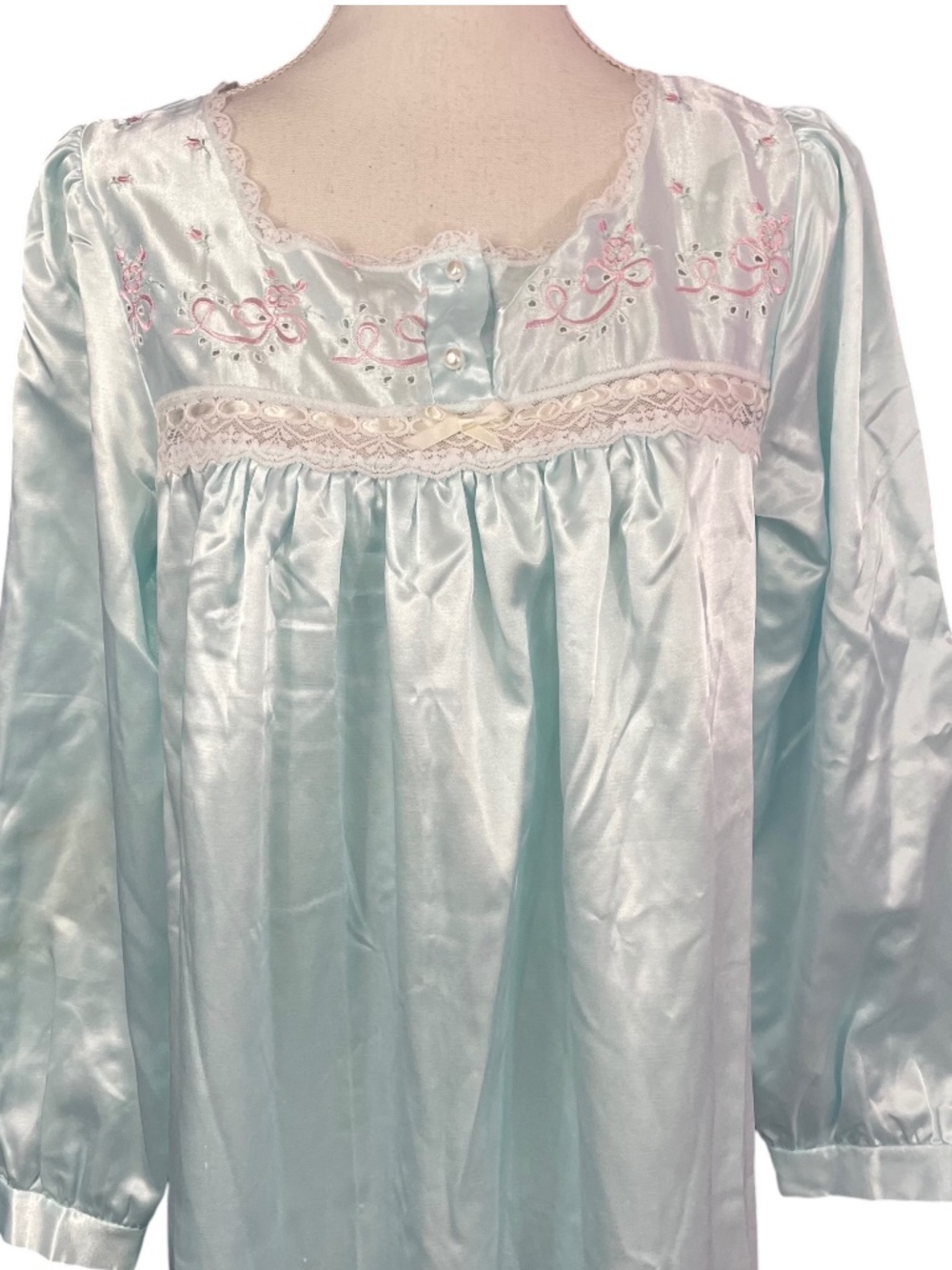Floral Embroidered Satin Nightgown S Lace Ribbon Bow Baby Blue Pink Robe Dress